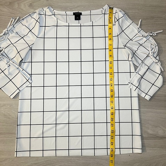 Ann Taylor Factory Women Grid Print Tie Sleeve Top Size Medium White Black - Picture 4 of 11